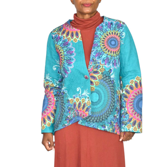 Soft Surroundings Quilted Jacket Green Paisley Cotton Mandala Print Artistic XS - Picture 14 of 16
